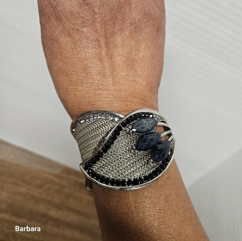 Silver-tone Black and Gray Rhinestones Hinge Bracelet